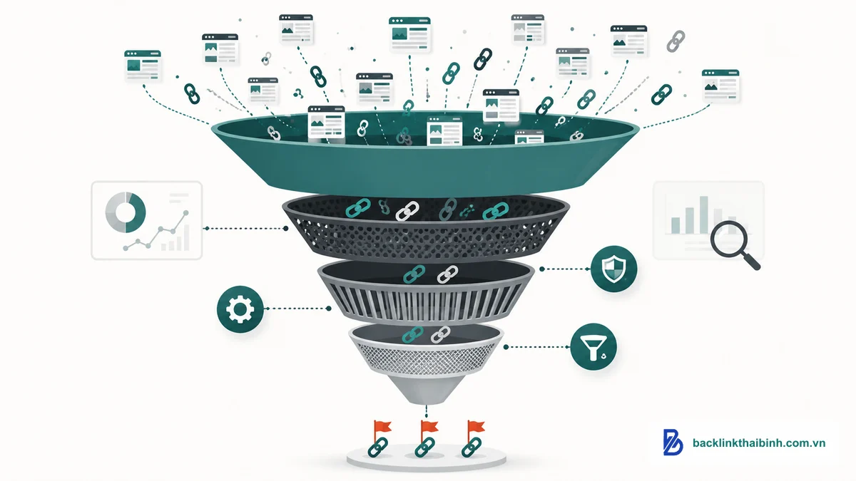 Quy trình audit backlink hình phễu lọc từ nhiều link xuống nhóm rủi ro cần soi kỹ