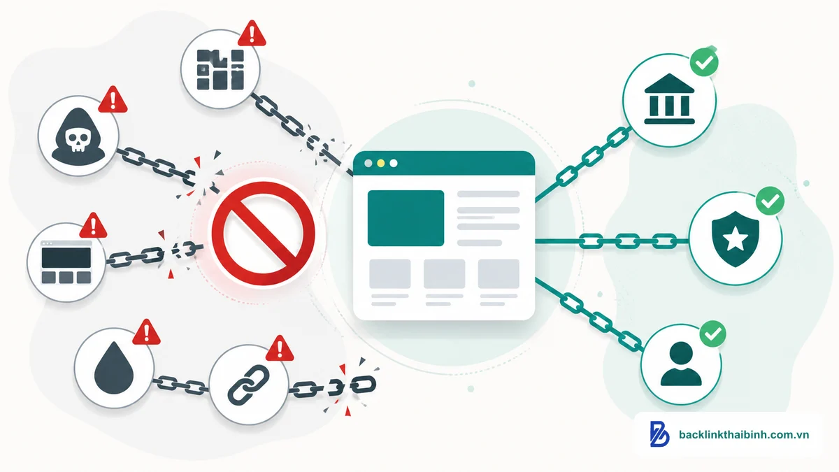 Minh họa những loại backlink cần tránh - liên kết độc hại và spam gây hại SEO