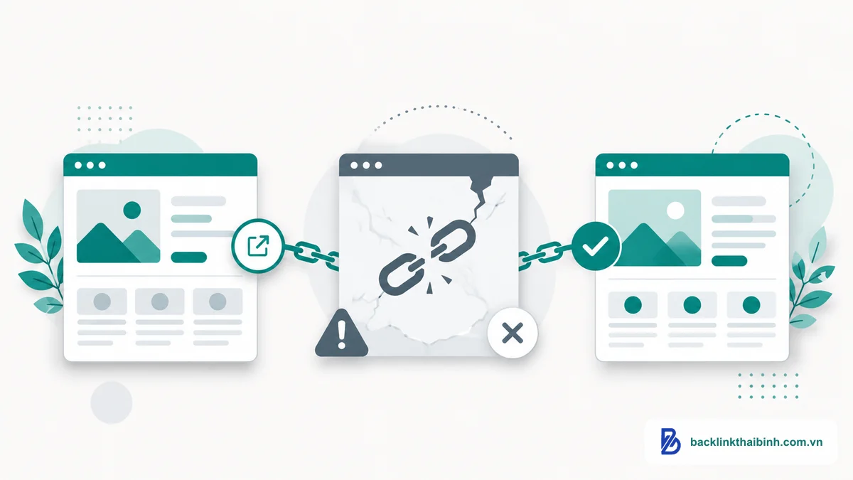 Sơ đồ minh họa broken link building là gì: thay link gãy 404 bằng link mới trên trang web