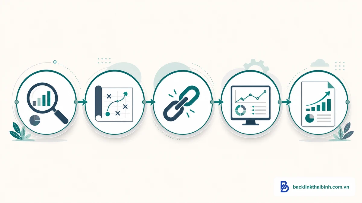 Sơ đồ quy trình triển khai dịch vụ backlink chuẩn 5 bước cho doanh nghiệp