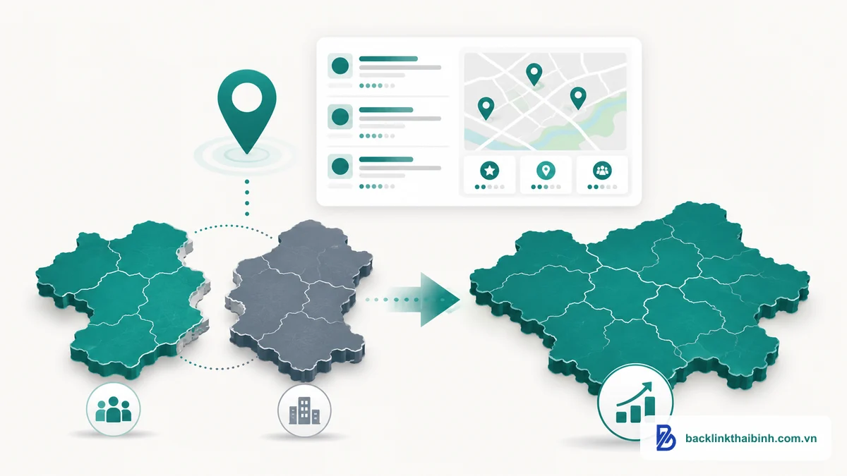 Minh họa đặc thù SEO local sau sáp nhập tỉnh Hưng Yên Thái Bình 2025