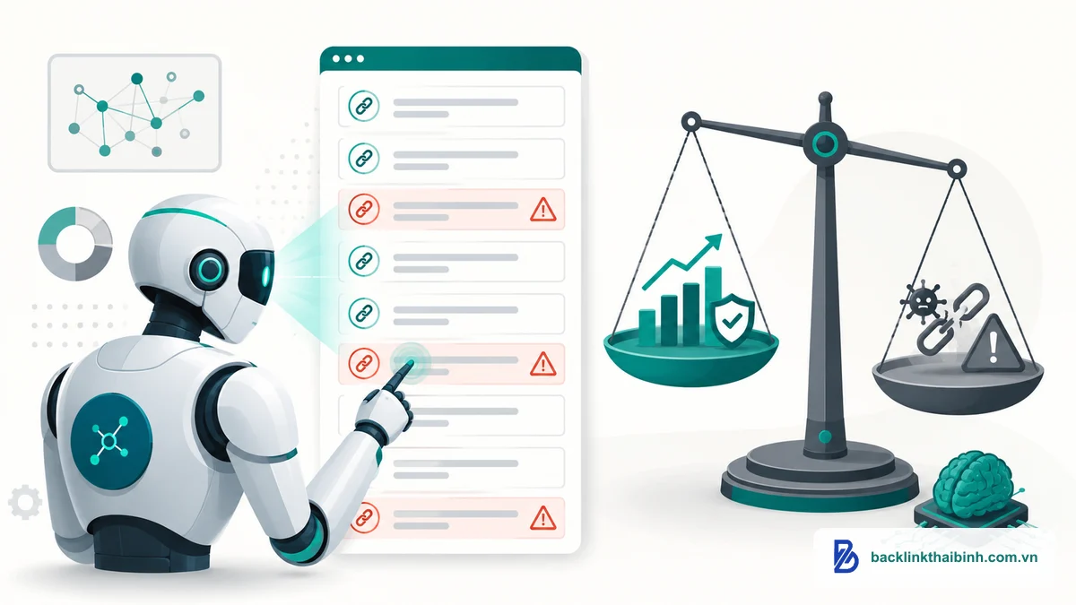 Minh họa công cụ AI tự động disavow backlink với ưu và nhược điểm khi phân loại link xấu