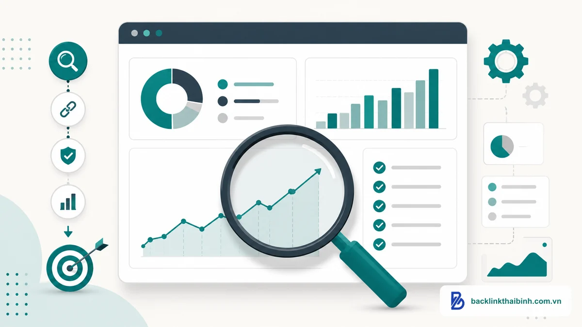 Minh họa quy trình audit Domain Rating website với biểu đồ backlink và checklist 7 bước