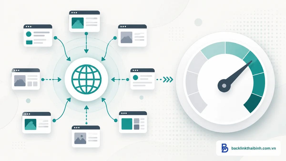 Sơ đồ cách Ahrefs tính Domain Rating (DR) từ số lượng và chất lượng referring domain trỏ về tên miền