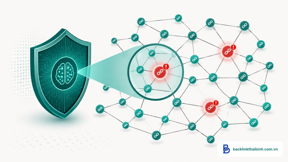 Minh họa SpamBrain của Google phát hiện Domain Rating ảo và backlink thao túng trong mạng liên kết