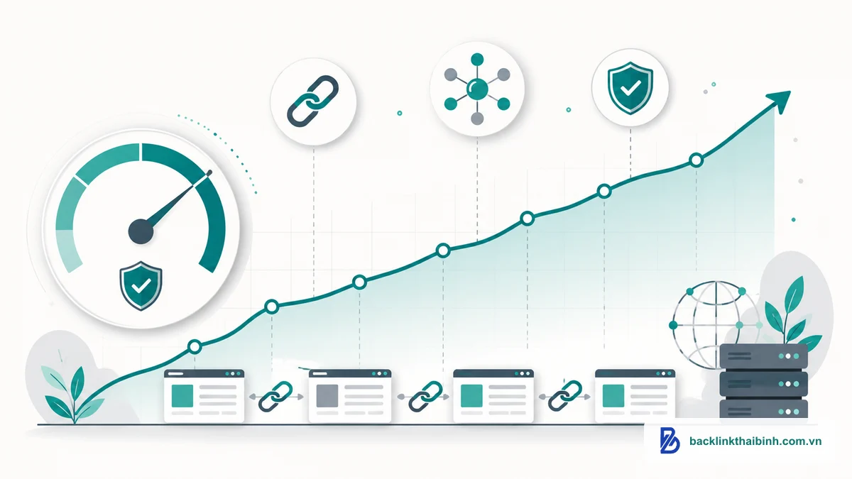 Biểu đồ tăng trưởng Domain Rating an toàn theo hướng white-hat bằng backlink chất lượng