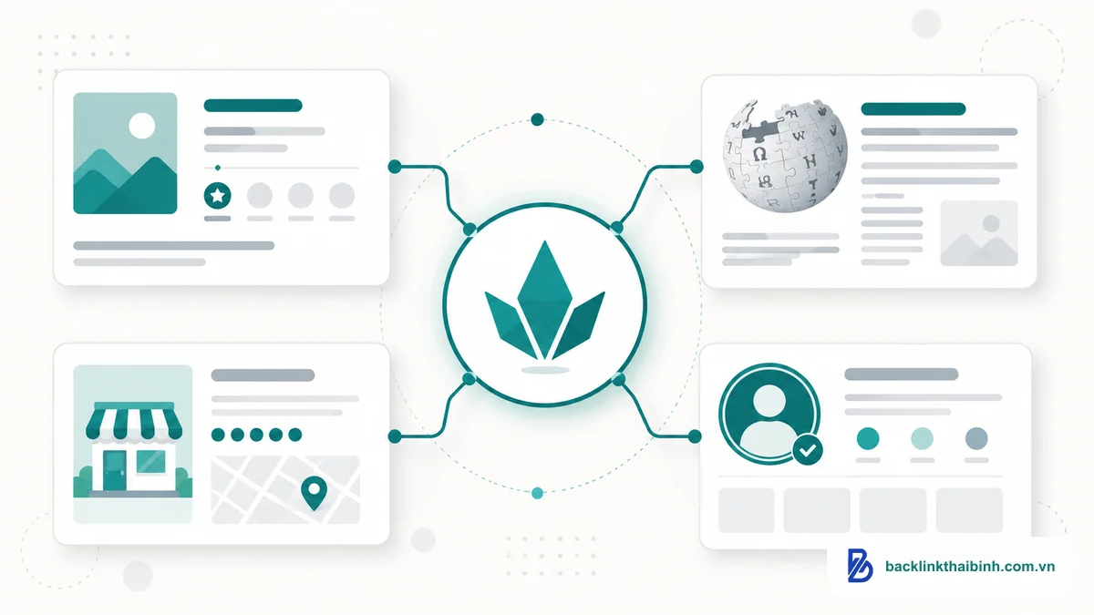 Sơ đồ các loại entity backlink phổ biến kết nối thương hiệu với knowledge panel, thư mục doanh nghiệp và hồ sơ mạng xã hội
