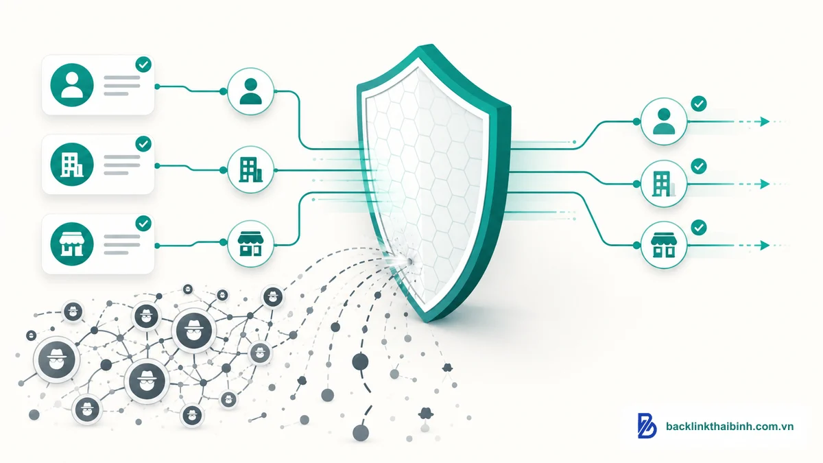 Minh họa entity backlink vượt qua bộ lọc spam update tháng 3/2026 trong khi backlink kém chất lượng bị chặn