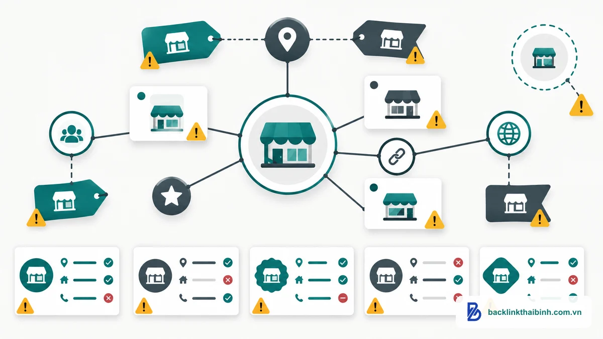 Minh họa các lỗi phổ biến khi xây entity backlink như tên thương hiệu không nhất quán và thực thể bị đứt kết nối