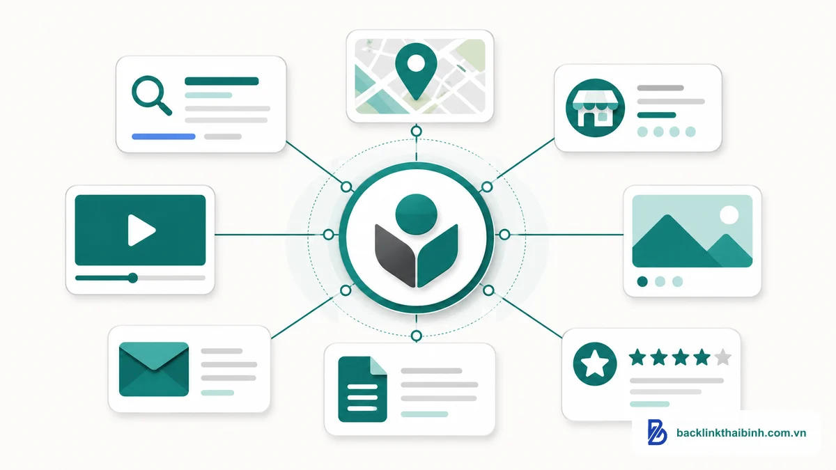 Sơ đồ minh họa Google Entity Stack là gì với thực thể trung tâm liên kết các tài sản Google (GES)