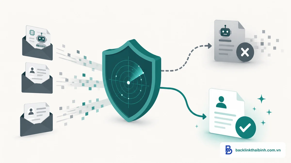 Minh họa HARO chống spam AI 2026: bộ lọc phát hiện pitch do AI tạo, chỉ chấp nhận pitch chân thực từ chuyên gia
