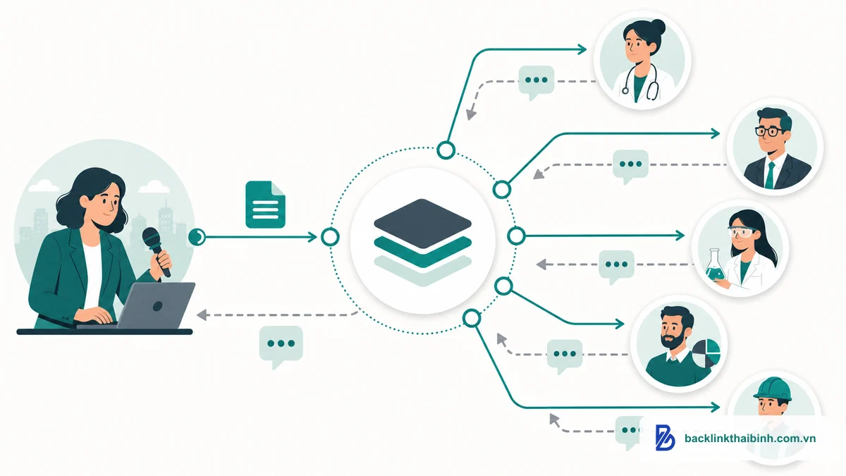 Sơ đồ HARO là gì và cách hoạt động: nhà báo gửi truy vấn, chuyên gia gửi pitch phản hồi để nhận backlink