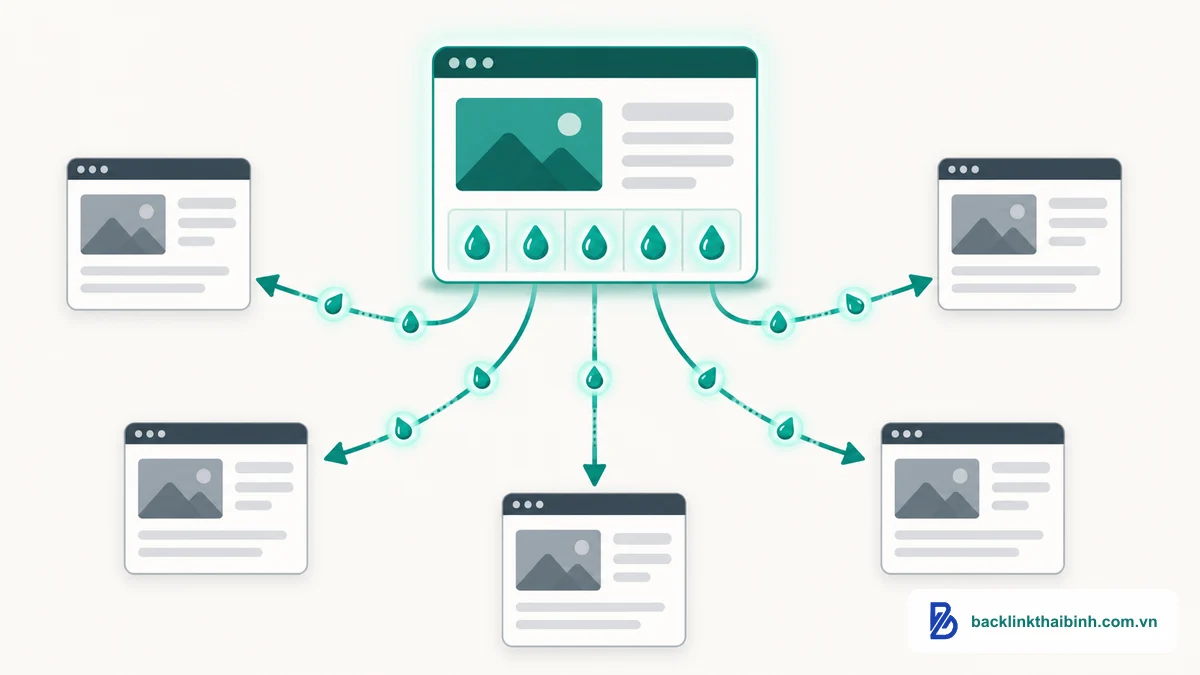 Minh họa cách tính link equity theo công thức PageRank chia giá trị qua số liên kết