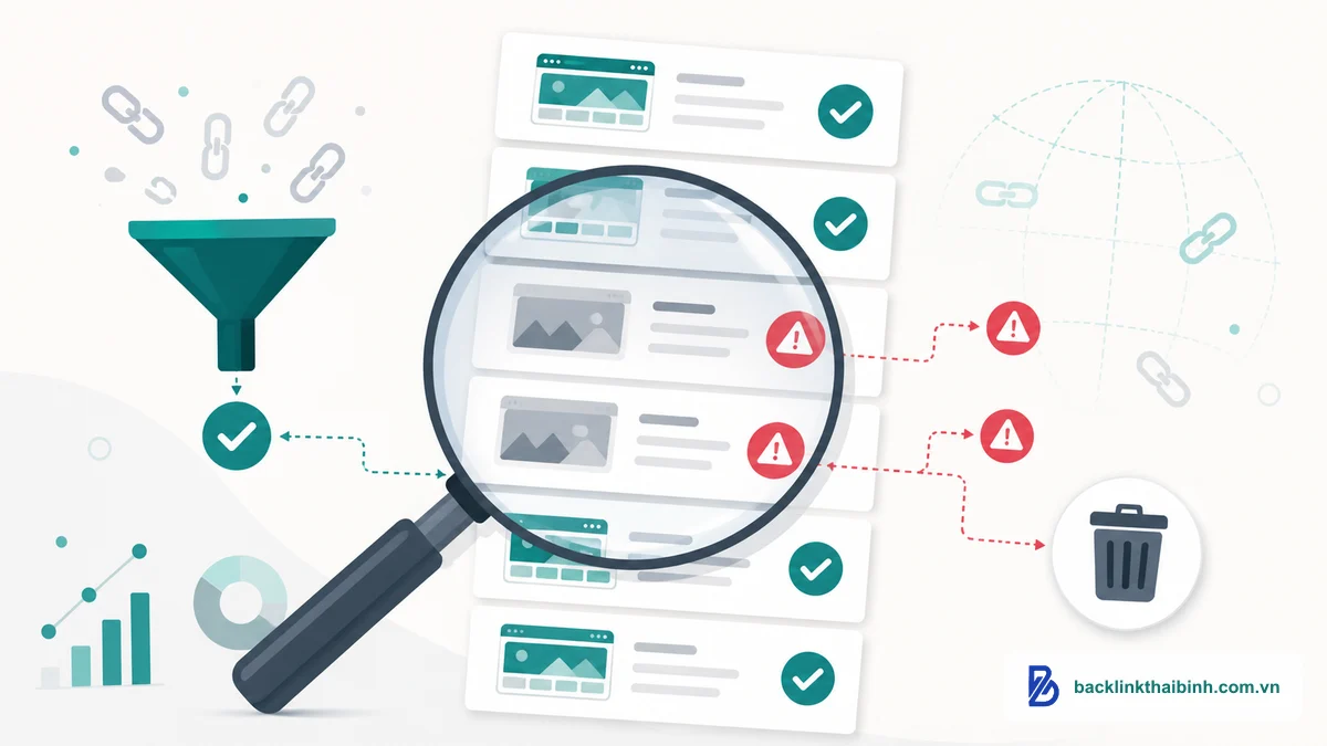 Minh họa bảy red flags Link Roundup cần loại sớm - dấu hiệu roundup kém chất lượng khi làm backlink