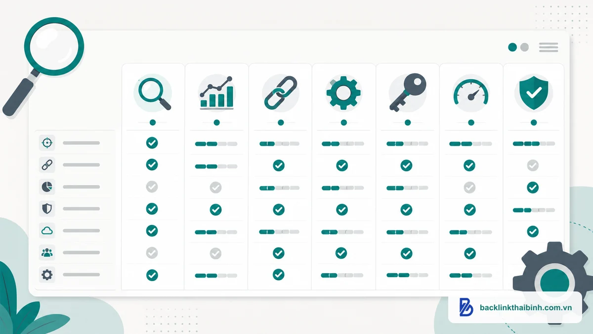 Minh họa so sánh 7 tools Link Roundup 2026 - công cụ tìm cơ hội roundup và xây dựng backlink