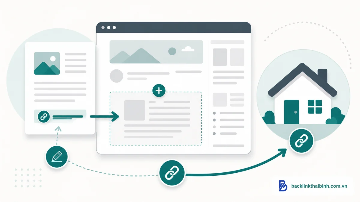 Minh họa chiến thuật guest post xây backlink bền vững trong off-page SEO, đăng bài trên site khác trỏ link về