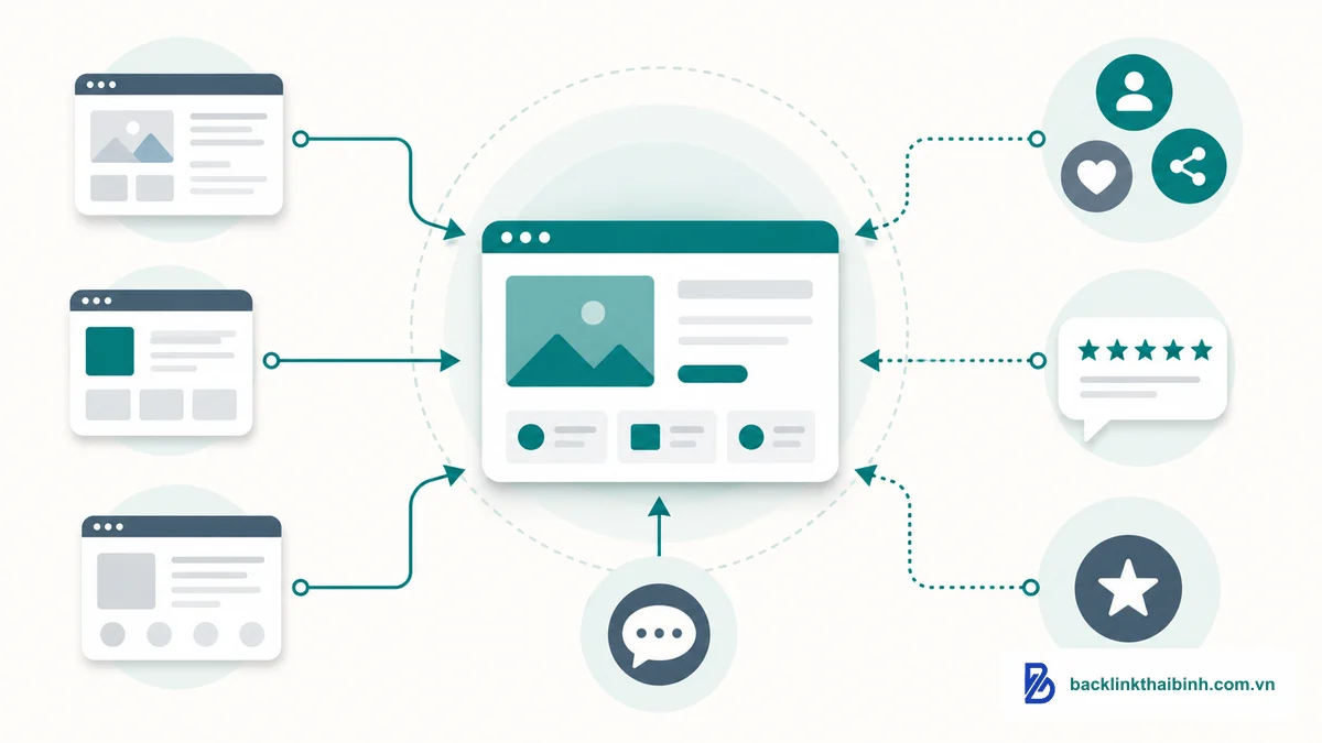 Sơ đồ minh họa off-page SEO là gì với các tín hiệu bên ngoài trỏ về website, tối ưu SEO off-page