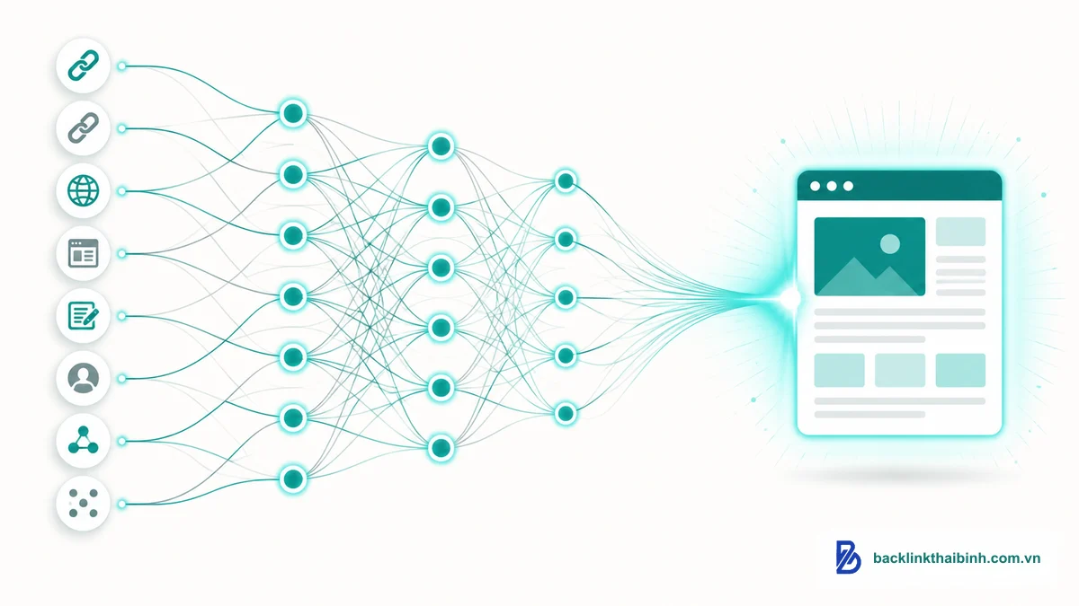 Sơ đồ cách Moz tính Page Authority bằng mô hình machine learning từ hồ sơ backlink của trang