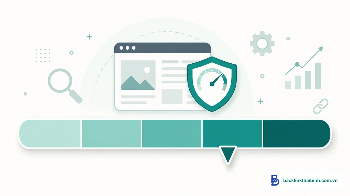Minh họa thang điểm Page Authority (PA) 0-100 logarit — chỉ số Moz đo sức mạnh của một trang