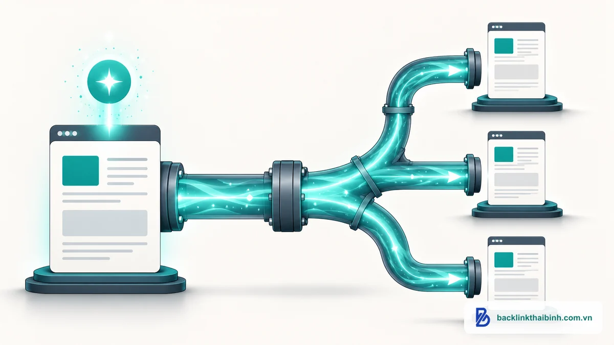 Minh họa link juice và cách PageRank truyền sức mạnh qua các backlink giữa các trang