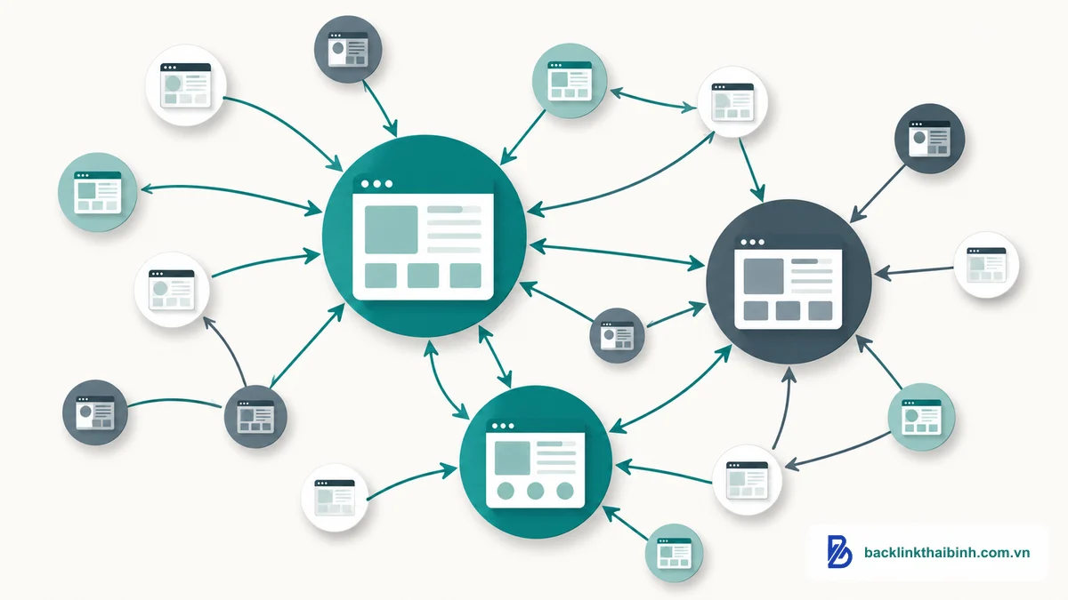 Sơ đồ minh họa PageRank là gì với các trang web kết nối bằng liên kết và độ quan trọng khác nhau