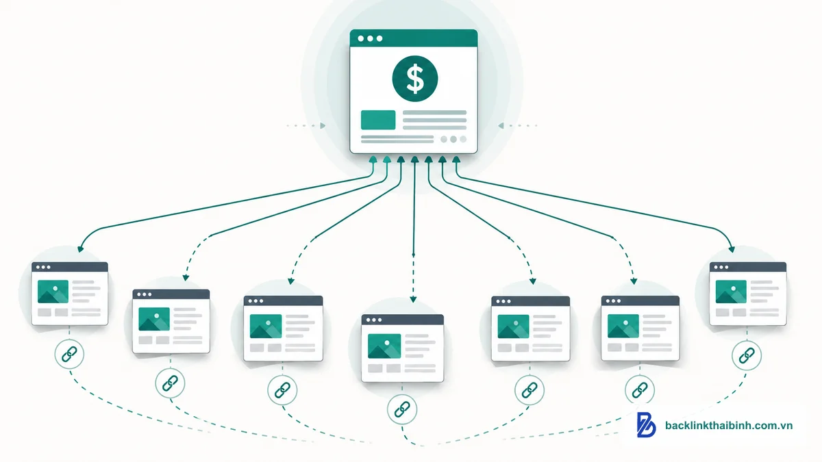 Sơ đồ minh họa cách một PBN hoạt động: mạng lưới website vệ tinh trỏ backlink về money site