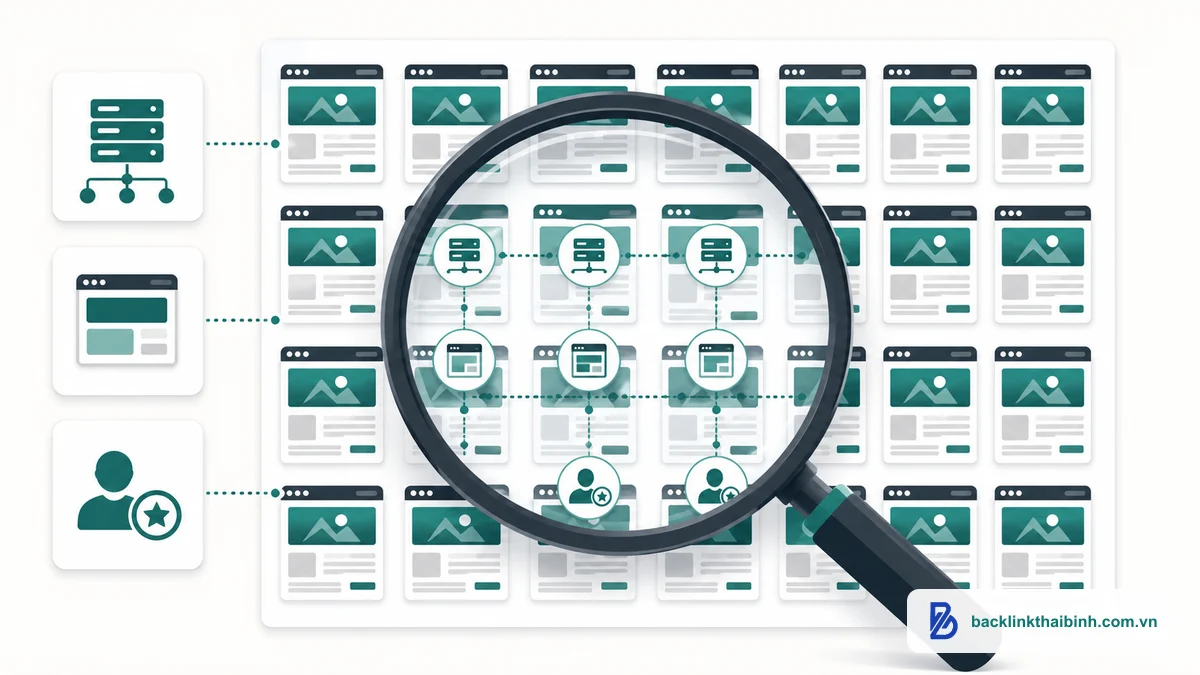 Hình minh họa các footprints giúp Google phát hiện PBN: IP trùng, template giống nhau, whois lộ dấu vết