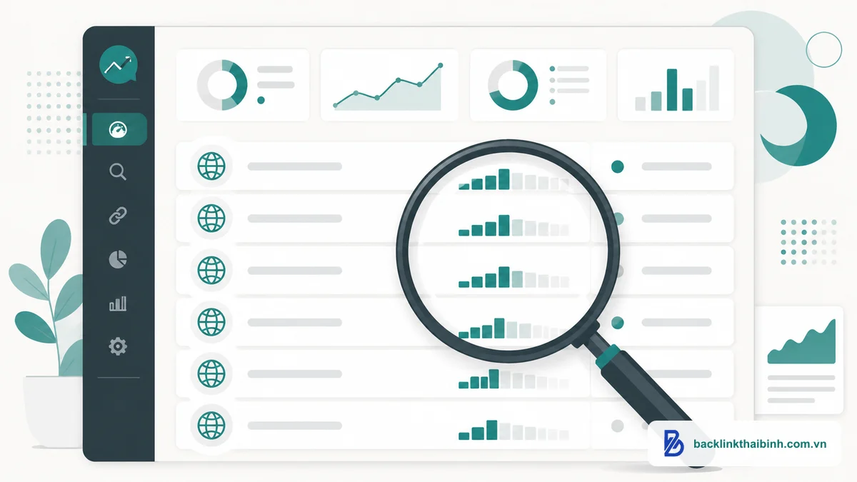 Minh họa cách kiểm tra referring domain qua công cụ SEO hiển thị danh sách tên miền tham chiếu và chỉ số phân tích