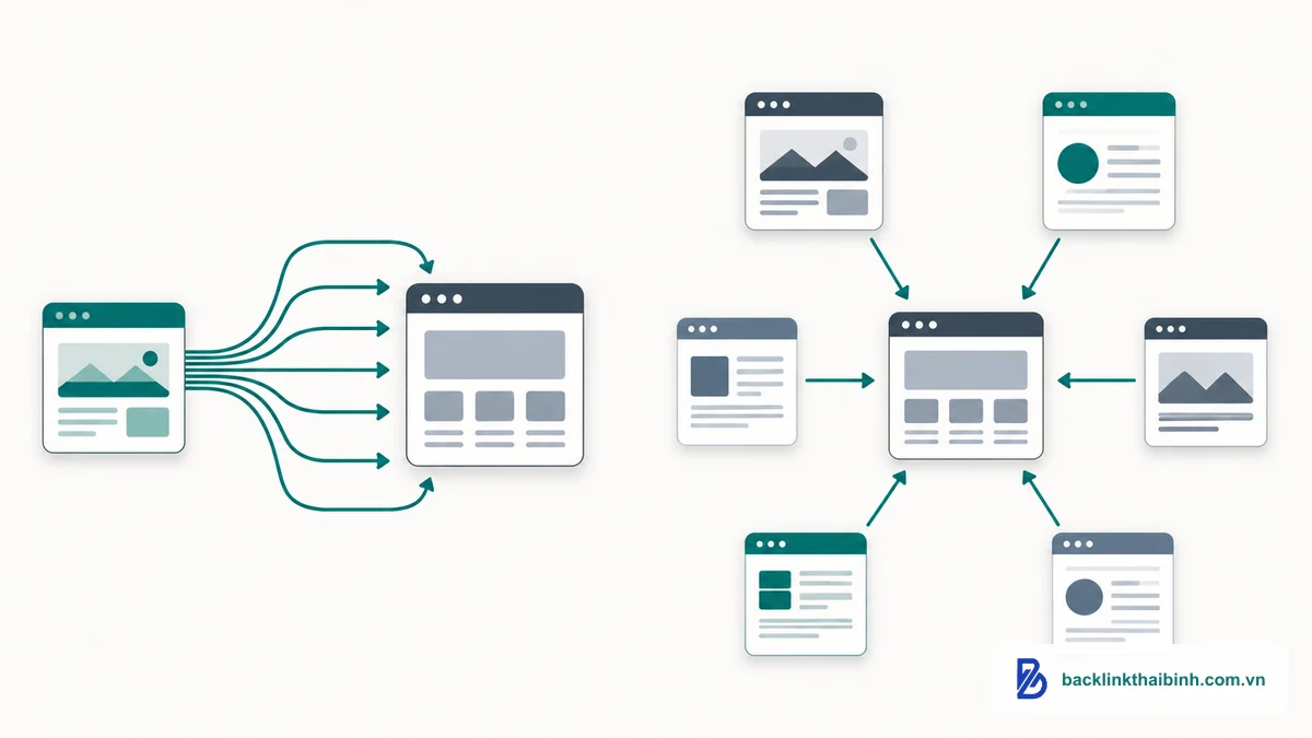 Minh họa so sánh referring domain và số lượng backlink cho thấy nhiều tên miền tham chiếu khác nhau giá trị hơn nhiều liên kết từ một domain