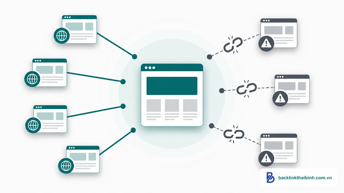 Minh họa các sai lầm phổ biến khi xây referring domain như dùng tên miền kém chất lượng và liên kết spam
