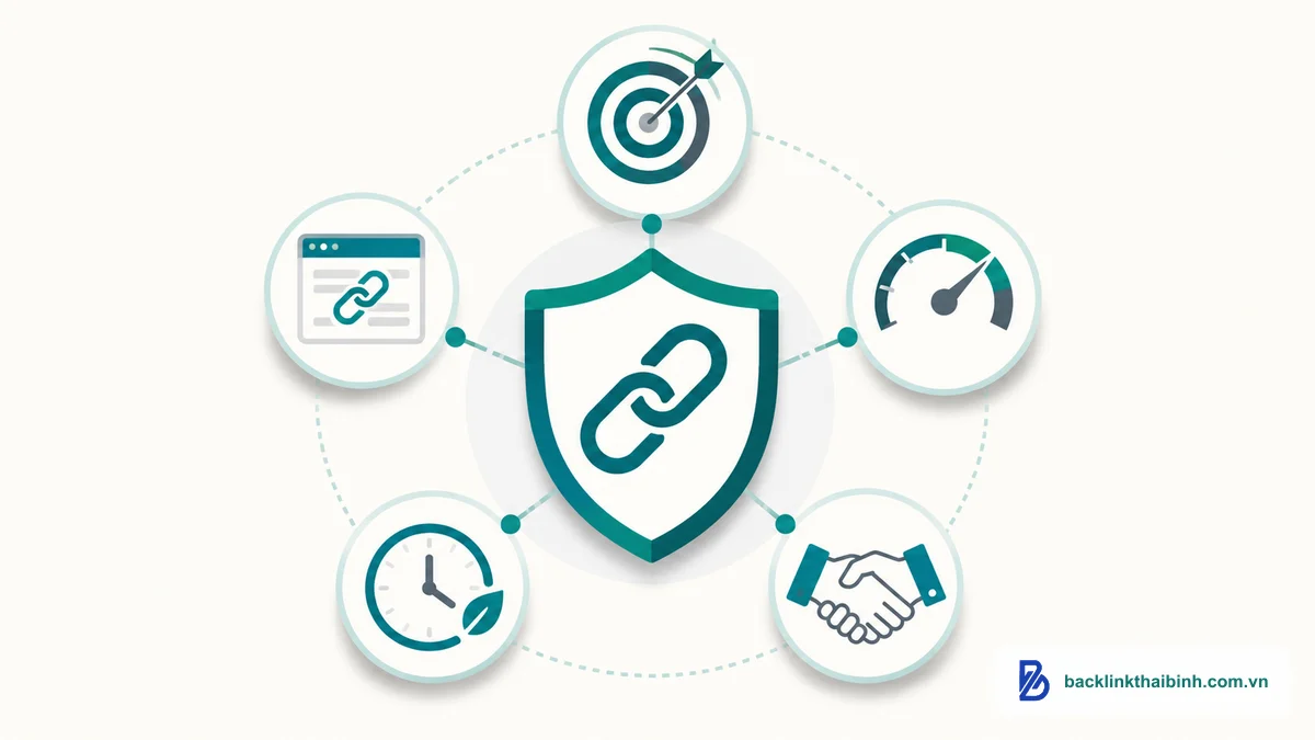 5 nguyên tắc chống spam khi làm resource page link building an toàn minh họa bằng khiên bảo vệ và biểu tượng
