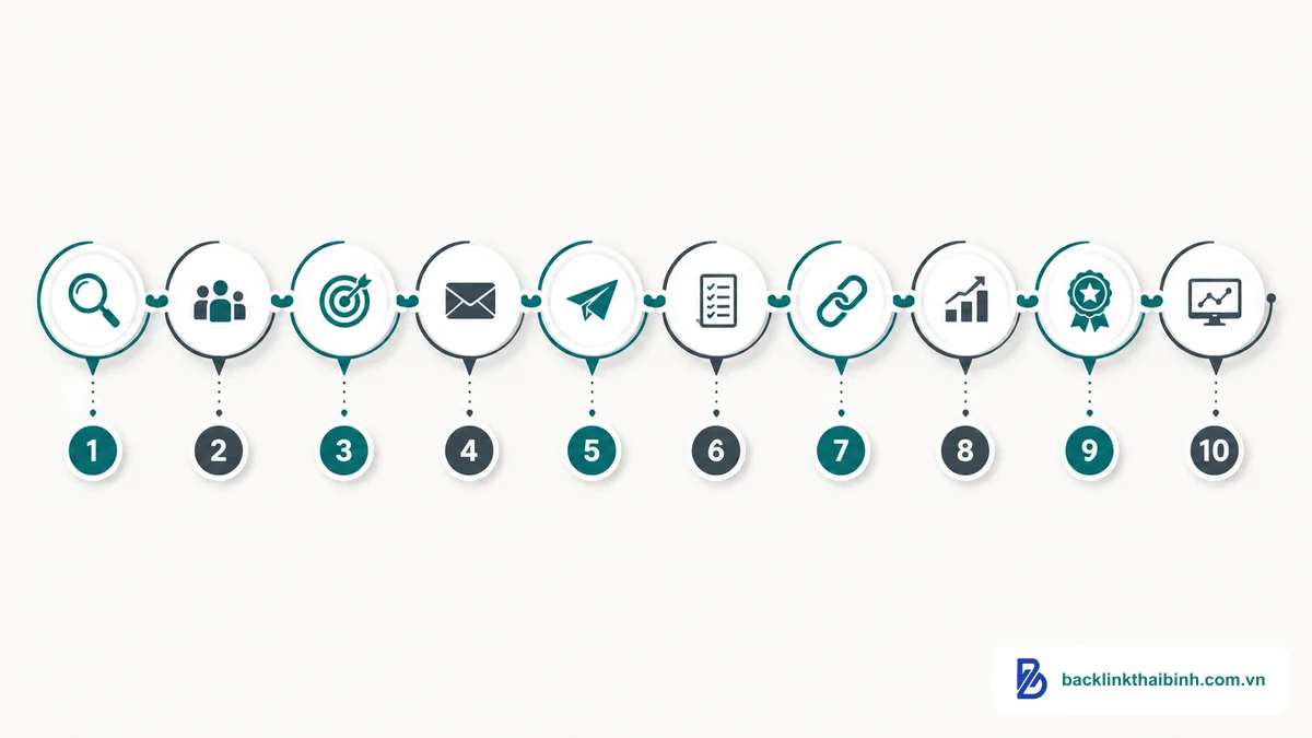 Quy trình 10 bước xây dựng chiến dịch resource page link building 2026 minh họa dạng pipeline nhiều bước