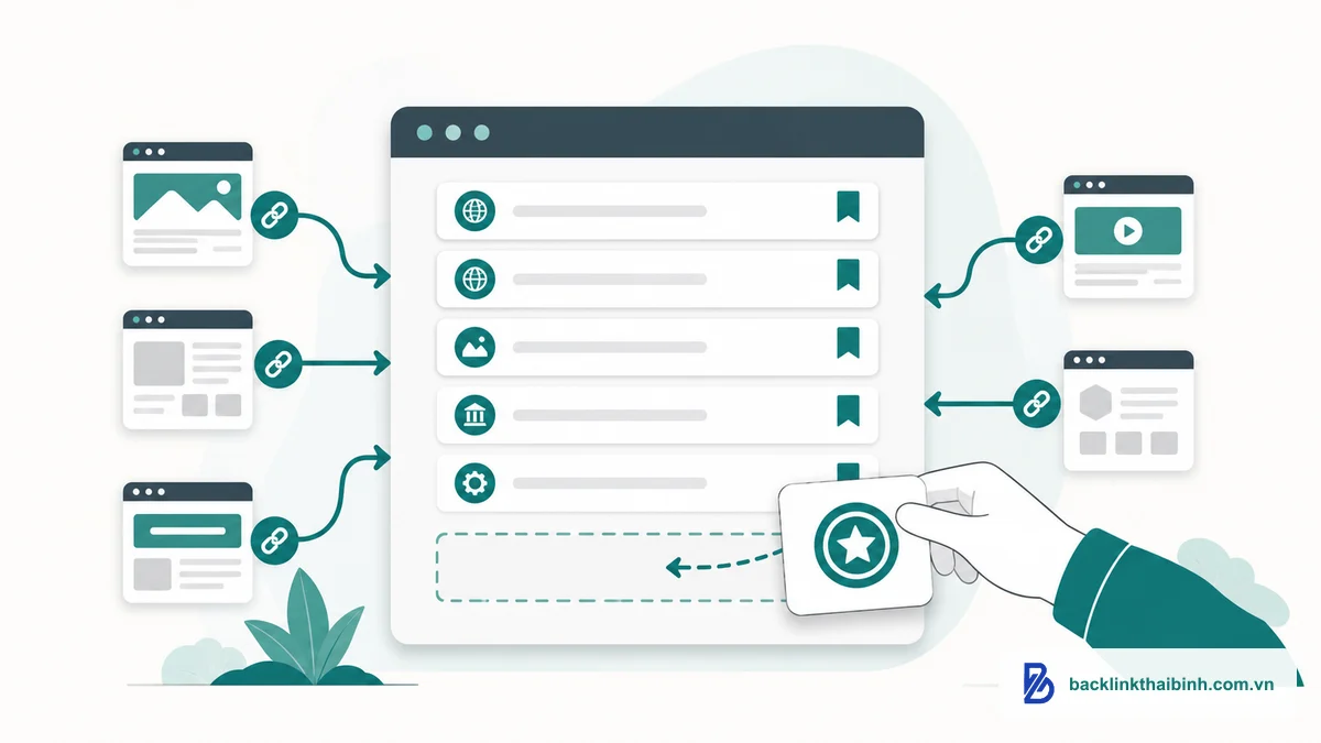 Sơ đồ minh họa resource page link building là gì — trang tài nguyên tổng hợp danh sách liên kết và cách website được thêm vào