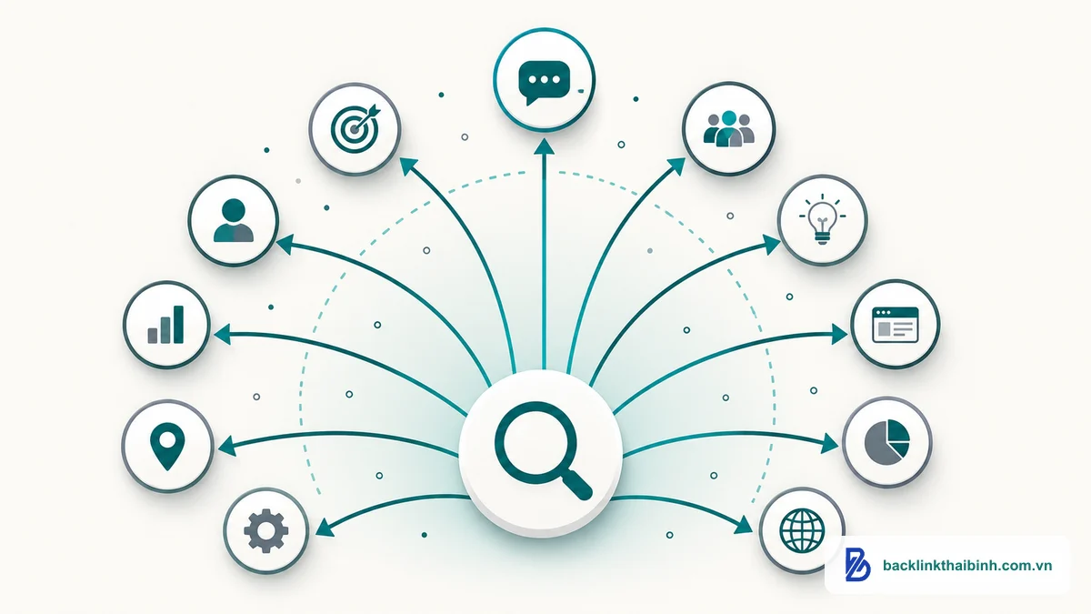 Sơ đồ query fan-out: một truy vấn tìm kiếm tỏa ra nhiều truy vấn con, minh họa cơ chế search intent và query fan-out của Google
