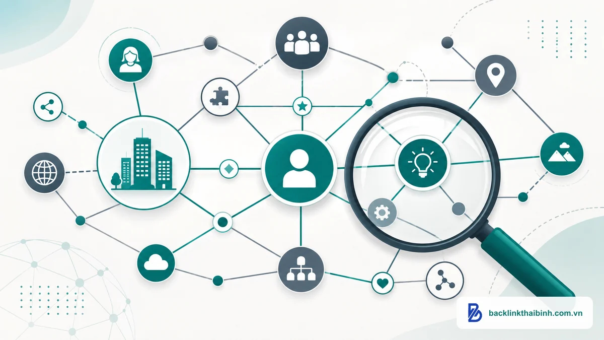 Sơ đồ Knowledge Graph minh họa cách Google hiểu ngữ nghĩa và thực thể trong Semantic SEO