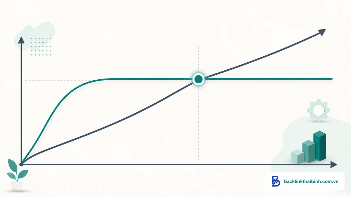 Biểu đồ kết quả theo thời gian giữa Semantic SEO và Traditional SEO: đường tăng trưởng thứ hạng dài hạn bền vững
