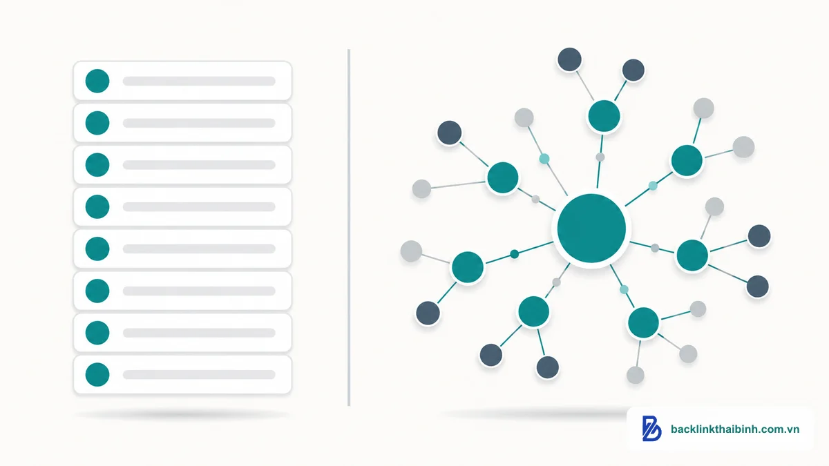 So sánh cách tiếp cận keyword giữa Semantic SEO và Traditional SEO: từ khóa đơn lẻ và mạng lưới thực thể chủ đề