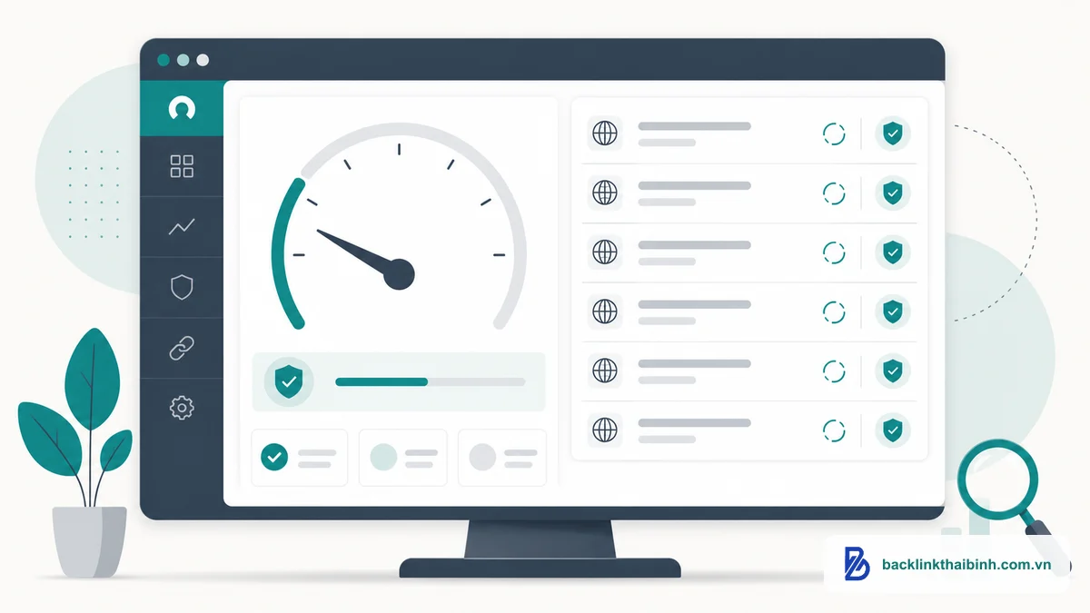 Minh họa cách check spam score domain trên dashboard công cụ SEO, kiểm tra điểm spam website