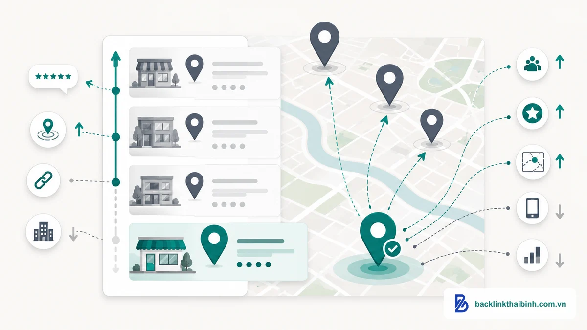 Minh họa GMB đã xác minh nhưng vẫn không lên top Google Maps do thiếu tín hiệu xếp hạng local