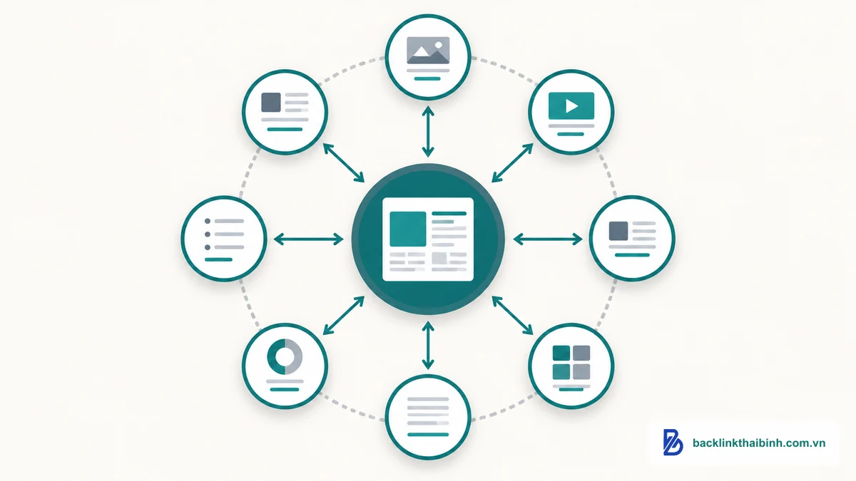 Sơ đồ hub-and-spoke của topic cluster: pillar page trung tâm liên kết tới các cluster page vệ tinh