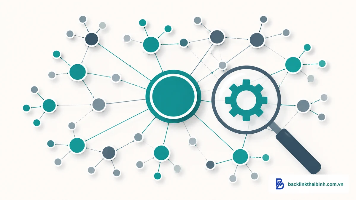 Minh họa cách Google tính Topical Authority qua bản đồ cụm chủ đề semantic và liên kết nội bộ
