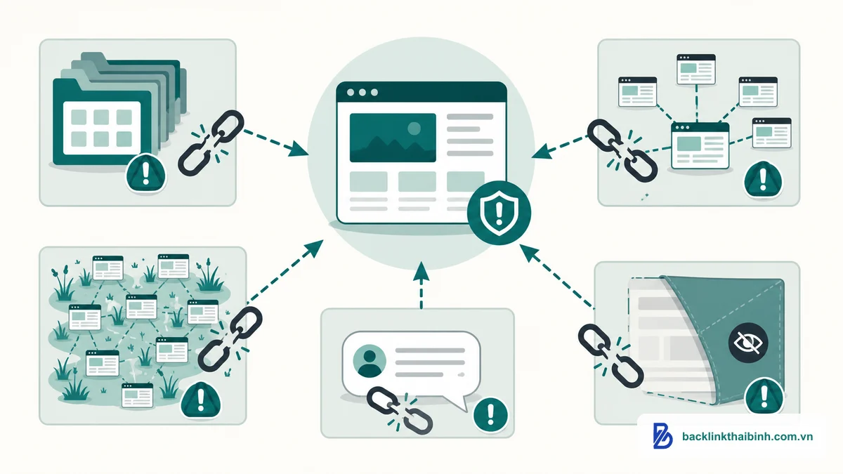 Sơ đồ minh họa 5 loại toxic backlink phổ biến nhất gây hại cho website, backlink độc hại