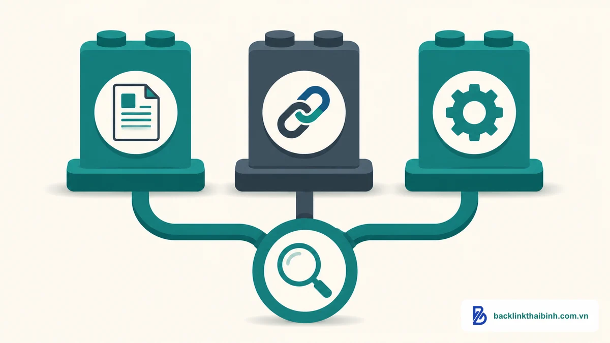 Sơ đồ các thành phần cốt lõi của Traditional SEO gồm on-page, off-page và technical SEO truyền thống
