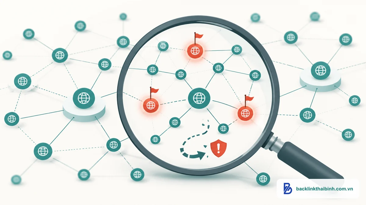 Kính lúp soi mạng backlink phát hiện dấu hiệu Trust Flow ảo bị thao túng với node đỏ gắn cờ cảnh báo