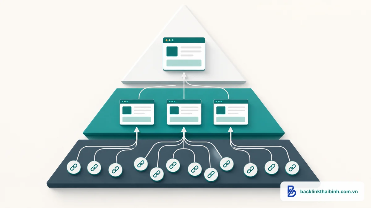 Tiered link building với Web 2.0 làm Tier 2 khuếch đại link Tier 1 trong tháp phân tầng